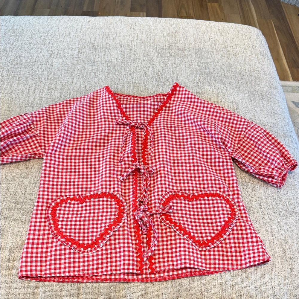 Amazon Red Gingham Tie-Front Blouse with Heart Pockets